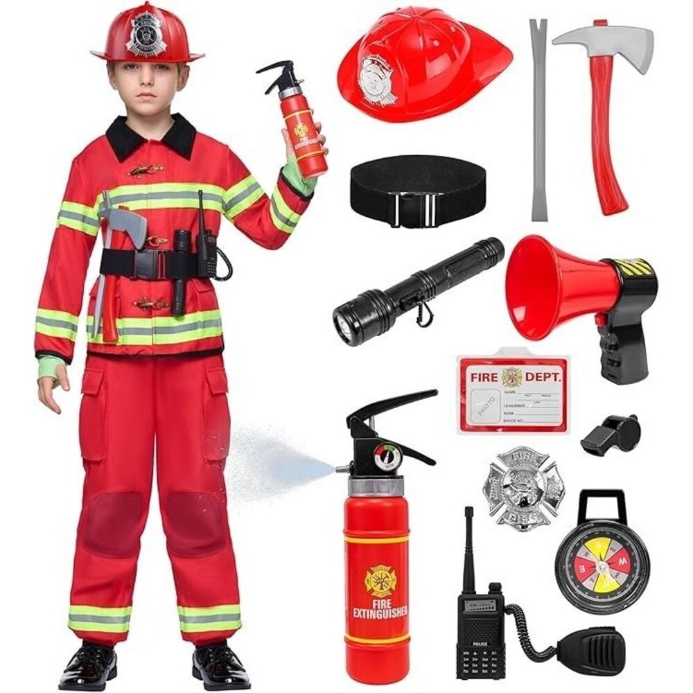 Kids Large 10-12, Costume 14pcs Helmet Mask Tools Kids Firefighter Uniform NEW